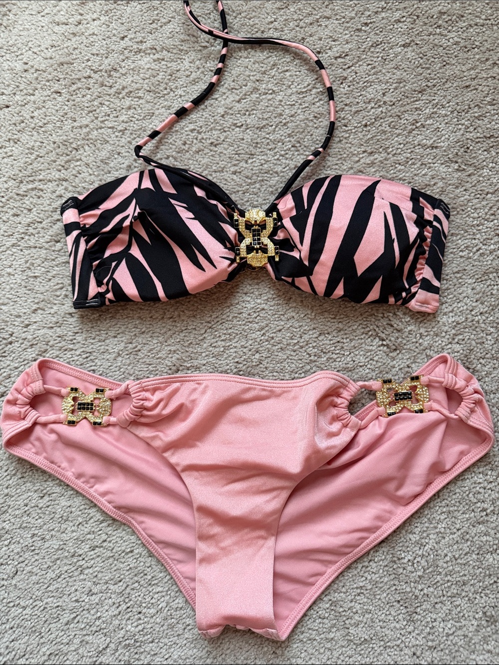 Victoria's Secret Pink and Black Zebra Print Bikini with Gold Accents